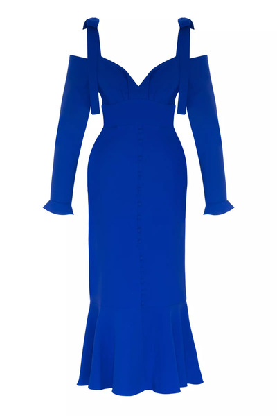 Keikei Saks Mavisi Krep Uzun Kol Uzun Elbise