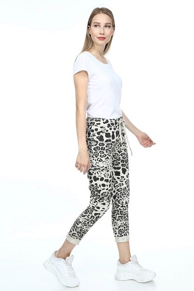 AYASOFYA OTANTIK Women's Italian White Leopard Pattern Waist Tied Skinny Trousers