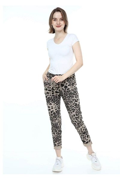 AYASOFYA OTANTIK Women's Italian Beige Leopard Pattern Waist Tied Skinny Trousers