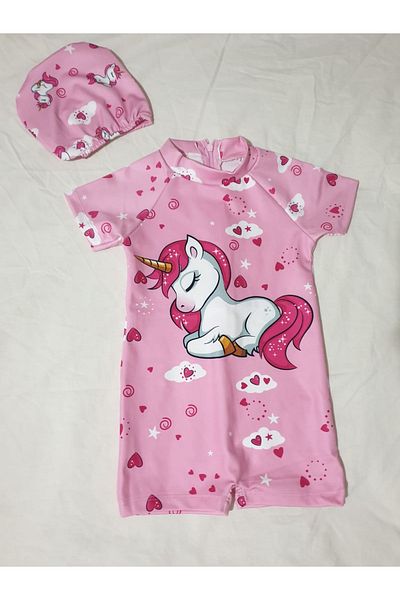 Arya Nisa Kids Girl's Cartoon Character Printed Pink Jumpsuit Zippered Bone Suit Swimsuit