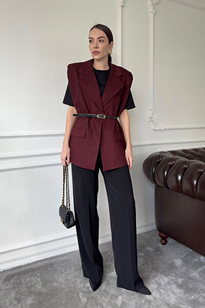 MAGARDE Burgundy Fabric Vest - with Shoulder Padding and Belt