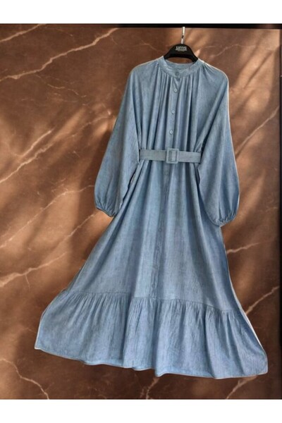 TCN ŞAHİN HAKİM YAKA ÖNÜ DÜĞMELİ KEMERLİ ELBİSE 2337