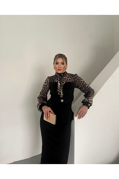 1Moda1Tarz Γυναικείο φόρεμα ειδικής σχεδίασης με λεοπάρ ύφασμα εισαγωγής με λεπτομέρεια με κουμπιά