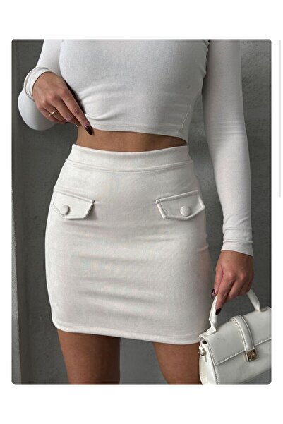 MODA Bej Nubuk Mini Cep Detaylı Etek