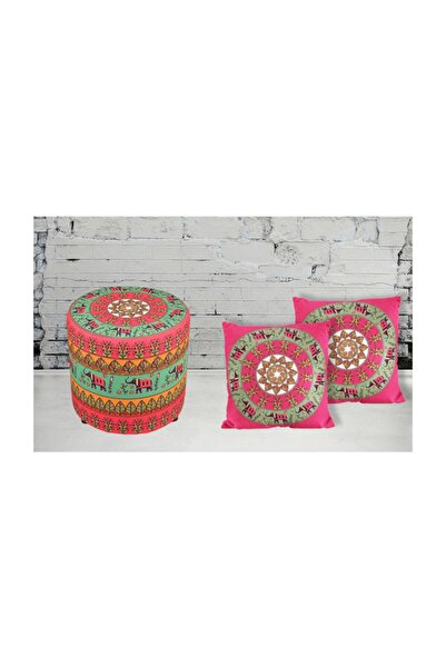 Armi Puf Etnik Pembe Filler Desenli  Yuvarlak Puf+2 Kırlent Kılıfı