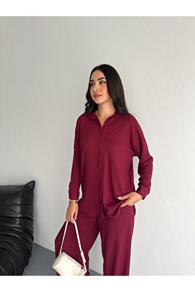 02Lady Fashion Seersucker Long Sleeve Shirt Bürümcük Shirt Wide Legged Double Suit