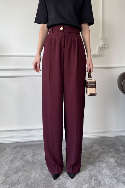 MAGARDE Pleated Palazzo Trousers with Elastic Waist - Bordo