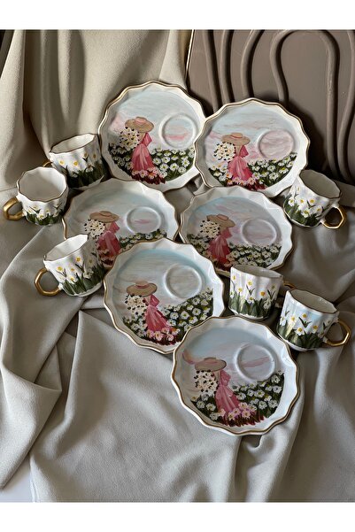 Store Special Design Hand Painted Girl Gathering Daisy in Pink Dress Themed Turkish Coffee Cup (1 Piece)