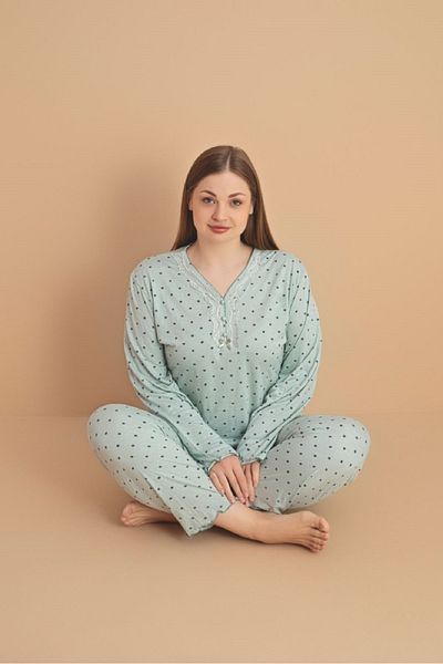 Eyfuze Women's Large Size Patterned Buttoned Collar Long Sleeve Bamboo Pajama Set