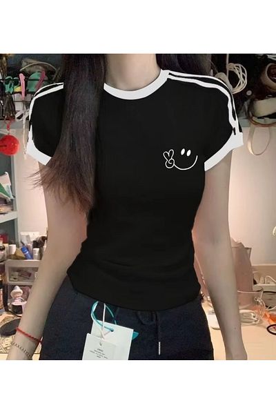 Touz Moda Crop Cut Smile εμπριμέ ριγέ μπλούζα κορμάκι