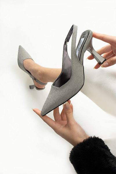 Neva'nın Butiği Tamra Pointed Toe Glitter Open Back Low Sole Women's Evening Dress Heeled Shoes - Platinum