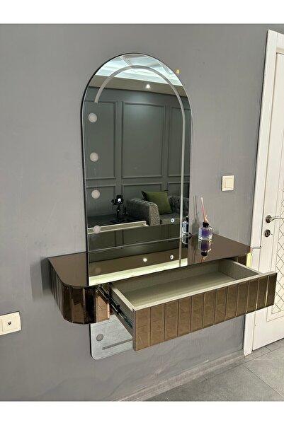 ERGLASS CAM SESE DUYARLI RGB LED IŞIKLI ** BRONZ AYNA ÇEKMECELİ ** AYNALI DRESUAR SETİ MAKYAJ MASASI AYAKSIZ