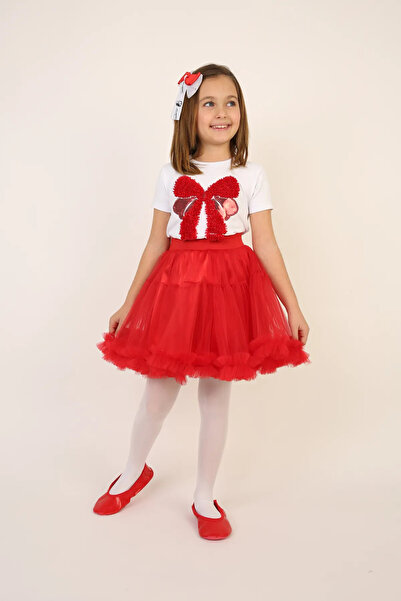 NOBLE STORE Κοριτσίστικο κόκκινο φιόγκο με λεπτομέρεια μπλουζάκι κόκκινη φούσ...