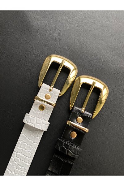 LİA KEMER Pachet de 2 curele din piele de crocodil cu cataramă aurie Curea de...