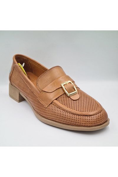 Mammamia D25Ya-7295 Tan Color Genuine Leather Thick Heels (3cm) Women's Casual Classic Shoes