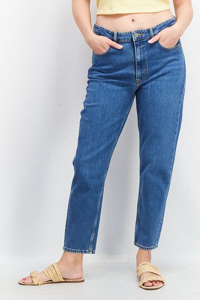 Esprit Women Mom Fit Textured Stretchable Jeans, Blue