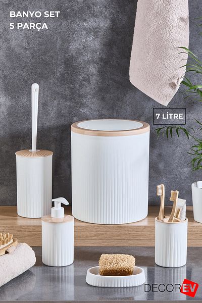 decorev Large 5-Piece Bathroom Set - 7 Liter White Trash Can