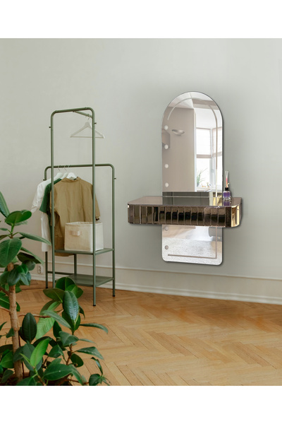 ERGLASS CAM SESE DUYARLI RGB LED IŞIKLI ** BRONZ AYNA ÇEKMECELİ ** AYNALI DRESUAR SETİ MAKYAJ MASASI AYAKSIZ