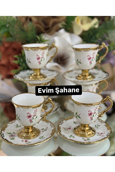 Lavin EVİMSAHANE ELDON AYAKLI PEMBE ÇİÇEKLİ KAHVE FİNCAN TAKIMI