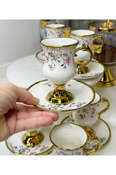 Lavin EVİMSAHANE AYAKLI PEMBE ÇİÇEKLİ KAHVE FİNCAN TAKIMI