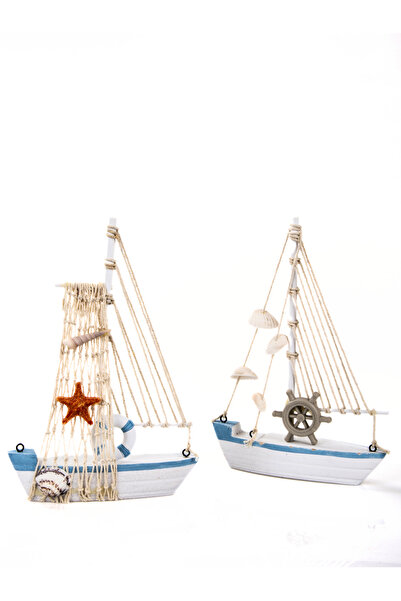 MUKKO HOME Marin Tekne Deniz Kabuklarıyla Süslenmiş Ahşap Yelkenli Biblo Ofis dekorasyon Tekne 22,5cm x 15cm