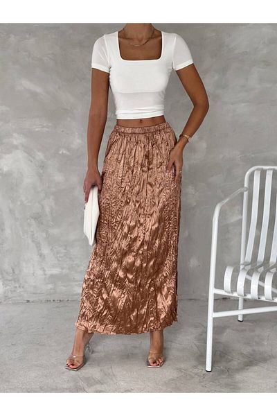 Cistern İstanbul Women's Caramel Cropped Long Satin Skirt