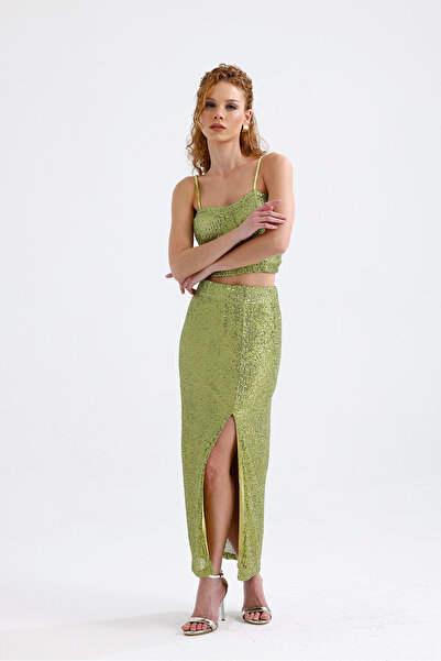 Sense Elastic Waist Lined Sequined Evening Dress Skirt |   Etk35405 Pistachio Green