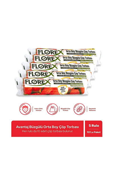 Florex Avantaj Seri Çilek Kokulu Büzgülü Orta Boy Çöp Poşeti X 5 Rulo