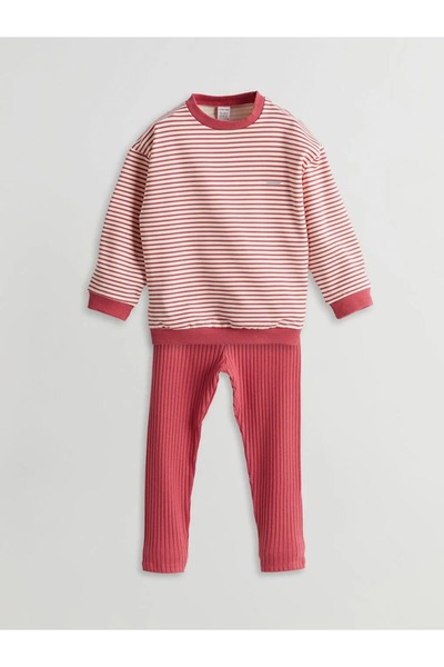 LC Waikiki Lcw Baby Pink Striped Baby Girl Sweatshirt and Leggings 2 Pcs