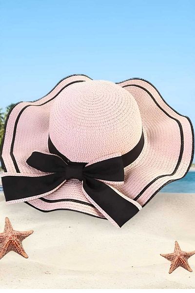Trenderrs Women's Wavy Wide Brim Bow Summer Organic Straw Hat