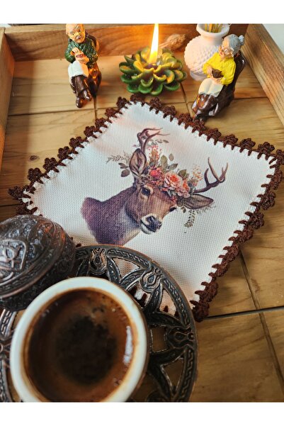 Runner Supla Home 2 adet dekoratif vintage kahverengi geyik desenli kokteyl s...