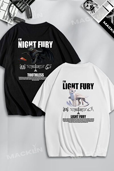 darkopia Unisex Light & Night Fury Ejderha SIRT Baskılı Sevgili Çift Kombini Tasarım Oversize Tshirt 2'li