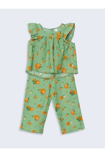 LC Waikiki Lcw Kids Green Orange Printed Girls Blouse and Pants 2Pcs