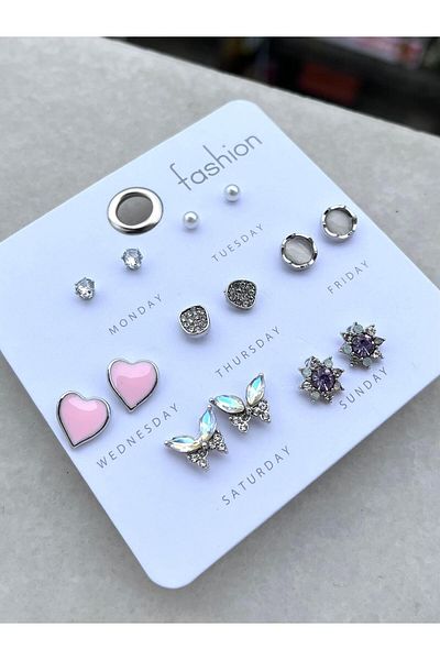 Modadiro Steel Earring Set, Earring Set, Pink Heart Silver