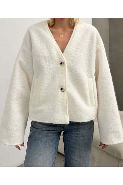 Zey Studio Women's Cream Gray V-Neck Double Button Detailed Stamp Jacket