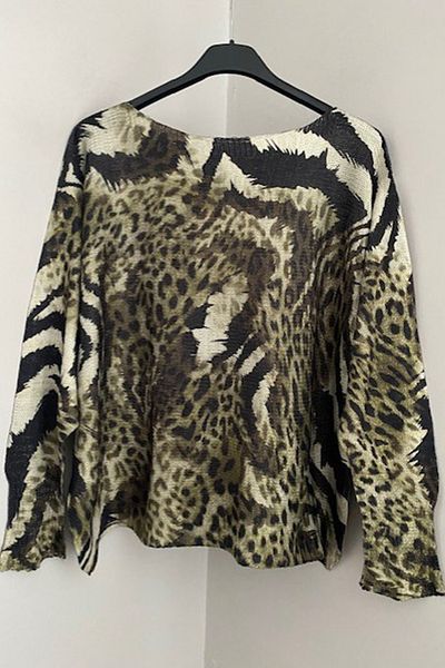 AYASOFYA OTANTIK Χακί Χρώμα Tie-Dye Leopard Print Μακρυμάνικο Mercerized Γυναικείο Πουλόβερ Μπλούζα