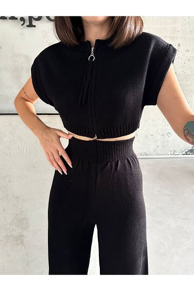 Cistern İstanbul Women's Black Zippered Crop Knitwear Bottom Top Set