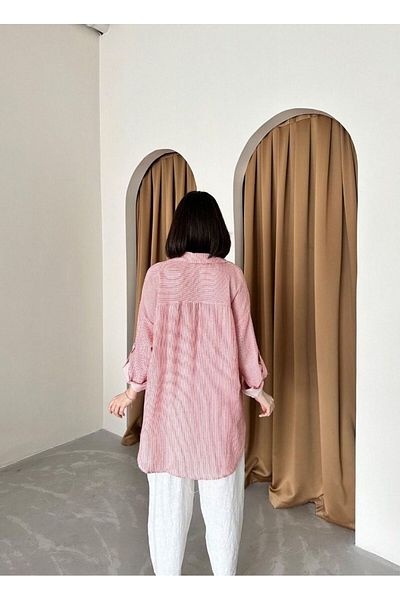 Cistern İstanbul Women's Red Muslin Fabric Striped Shirt