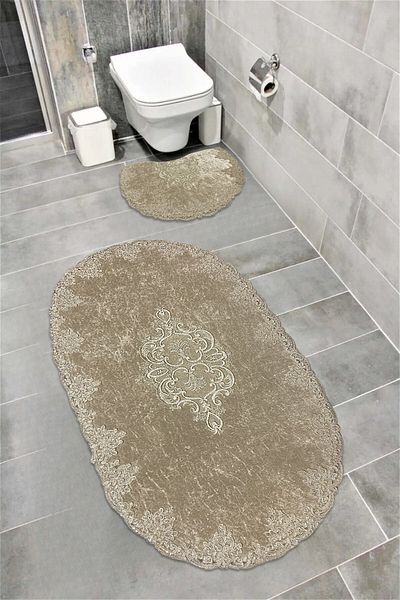 FeelHome Milas 3-Pece Super Luxury Οβάλ Σετ Χαλάκι Μπάνιου - Αντιολισθητική Βάση, Απορροφητικό Καφέ