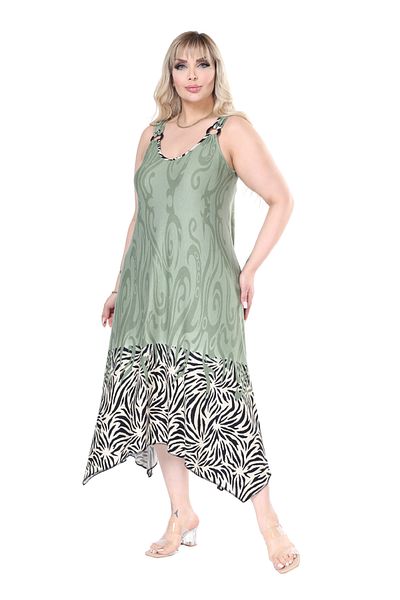 MELSAY Women's Strap V Neck Khaki Skirt Striped Pattern Plus Size Dress