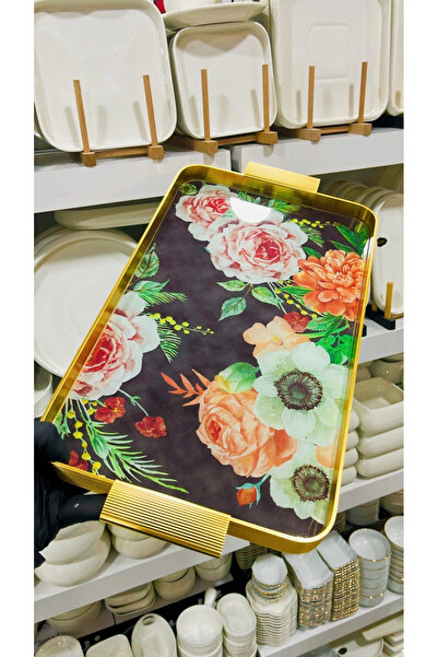 AROW Çırağan Home Natura Metal Çerçeveli Cam Çiçek 4 Desen Tepsi