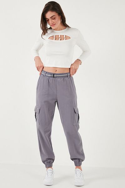 Lela Standard Fit Cotton Jogger Pants Luxury Elasticated Leg Belt Pants 668Yp5045