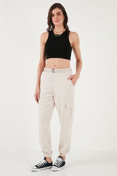 Lela Standard Fit Cotton Jogger Pants Luxury Elasticated Leg Belt Pants 668Yp5045