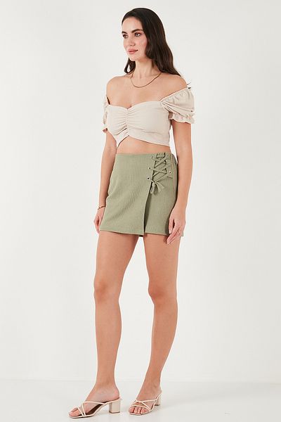 Lela Stretch Tie Slim Fit High Waist Mini Shorts Skirt Shorts Skirt 5865745