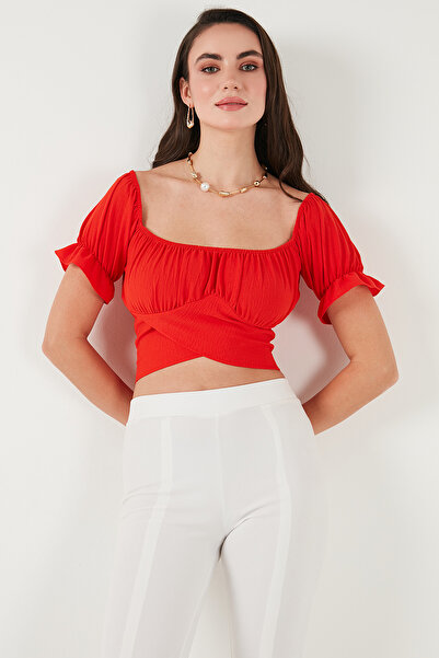 Lela Regular Fit Madonna Collar Lacing Detailed Crop Blouse Bluz 6527017