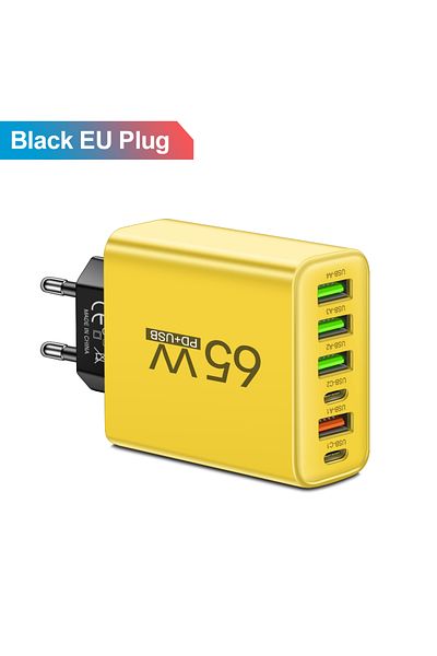 Choice EU Plug Yellow Total 65W 6 in 1 4 USB 2 Type C Quick Charging Fast Wall Charger For iPhone Samsung X