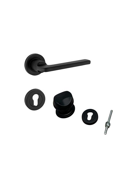KOLDOOR Hisar Matte Black Yale Steel Door Handle Door Knob and Bottom Badge Set