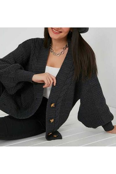 moda mh Knitted Patterned 5 Buttoned Balloon Sleeve Detailed Knitted Cardigan