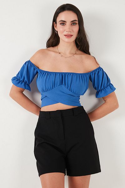 Lela Regular Fit Madonna Collar Lacing Detailed Crop Blouse Bluz 6527017