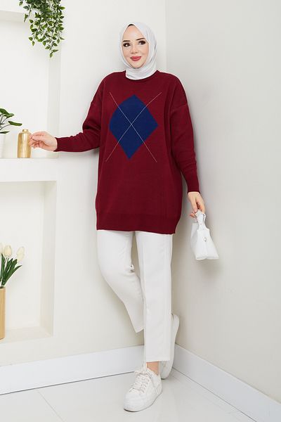 Pamuk Butik Pulover de damă din tricotaj cu model pătrat